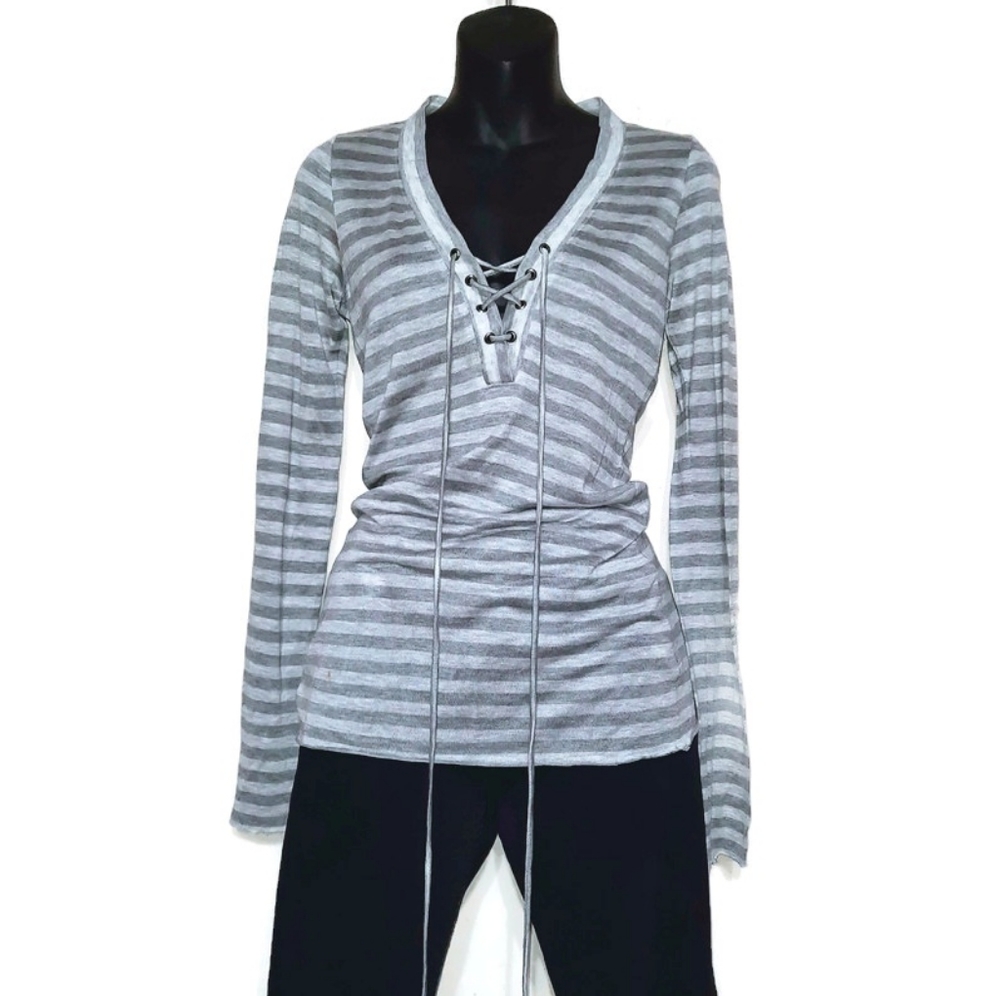 L’AGENCE Lace-Up Henley Striped Top Tencel Grey Soft Luxury Knit Sz S - Picture 2 of 8